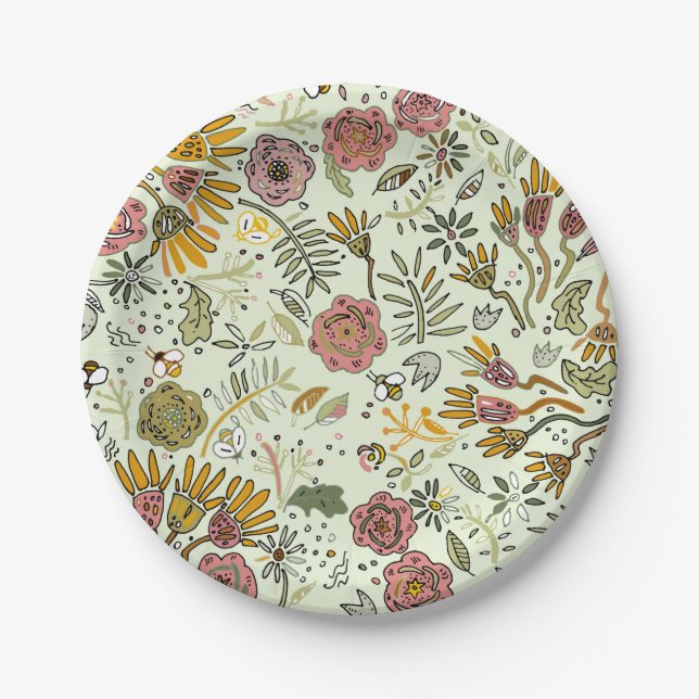 Watercolor Floral Bee Flowers Elegant Modern Paper Plate (Front)