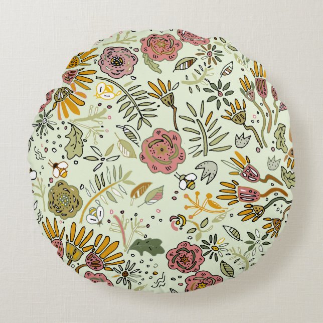 Watercolor Floral Bee Flowers Elegant Modern Round Cushion (Front)