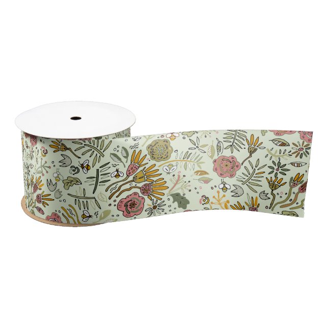 Watercolor Floral Bee Flowers Elegant Modern Satin Ribbon (Spool)