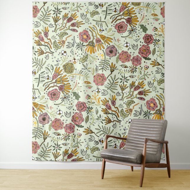 Watercolor Floral Bee Flowers Elegant Modern Tapestry (In Situ)