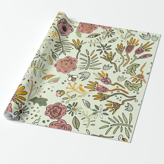Watercolor Floral Bee Flowers Elegant Modern Wrapping Paper (Unrolled)
