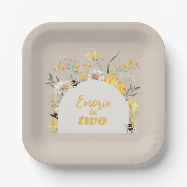 Watercolor Floral Bee Paper Plates (Front)