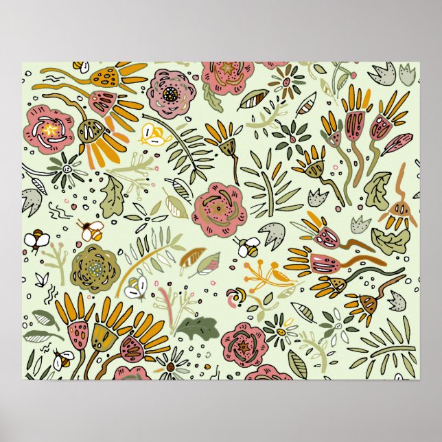 watercolor floral bee pattern flower design poster (Front)
