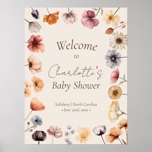 Watercolor Floral Beige Baby Shower Welcome Poster (Front)
