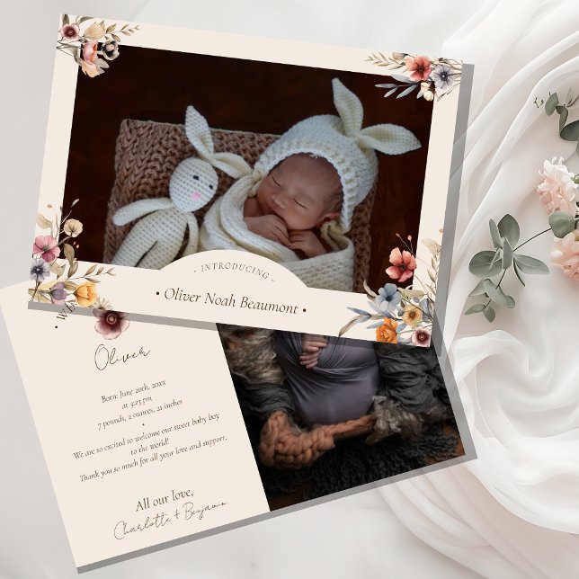 Watercolor Floral Beige Two Photo Birth Announcement (Creator Uploaded)