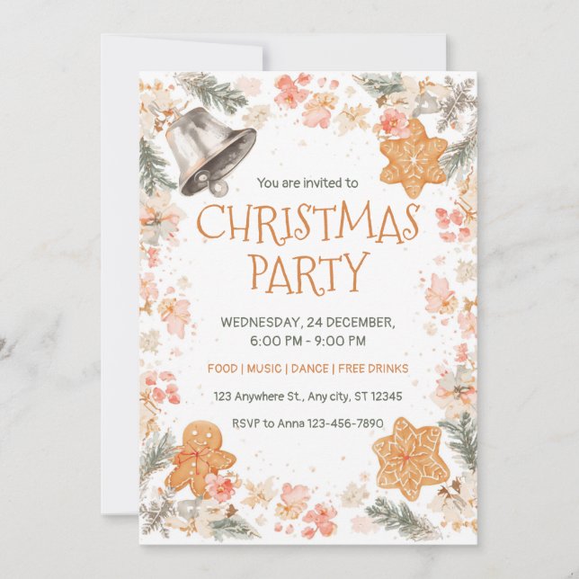 Watercolor Floral Bell Christmas Party Invitation (Front)