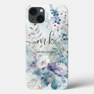 Watercolor Floral Berries Ferns Monogram Name Case-Mate iPhone Case