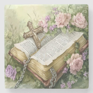 Watercolor Floral Bible And Cross Stone Coaster