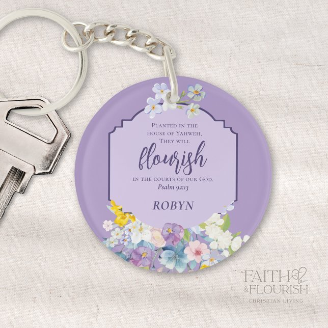 Watercolor Floral Bible Verse Purple Personalised Key Ring (Creator Uploaded)
