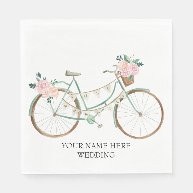 Watercolor floral bicycle Boho Wedding Napkin (Front)