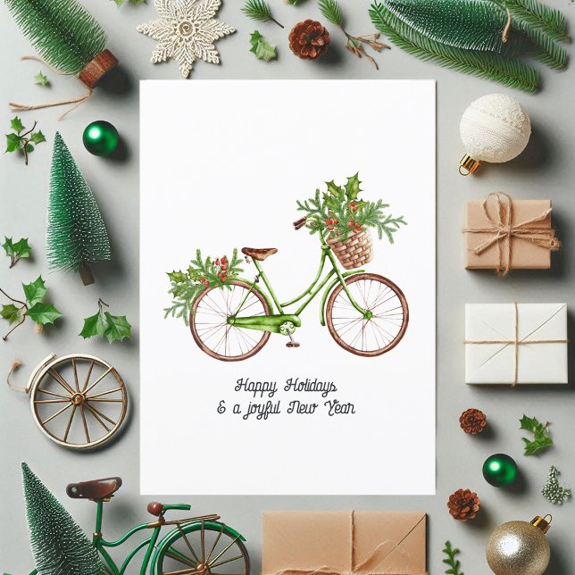 Watercolor Floral Bicycle Christmas Family Photo Holiday Card (Watercolor Floral Bicycle Christmas Family Photo Holiday Card)