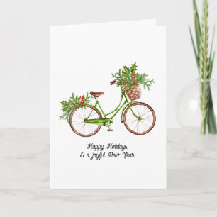 Watercolor Floral Bicycle Christmas Family Photo Holiday Card
