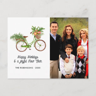 Watercolor Floral Bicycle Christmas Family Photo Holiday Postcard