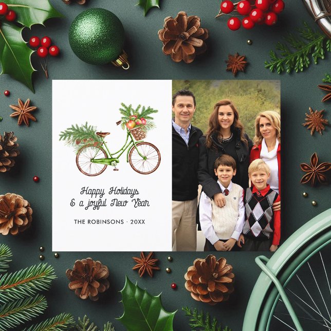Watercolor Floral Bicycle Christmas Family Photo Holiday Postcard (Watercolor Floral Bicycle Christmas Family Photo Holiday Postcard)