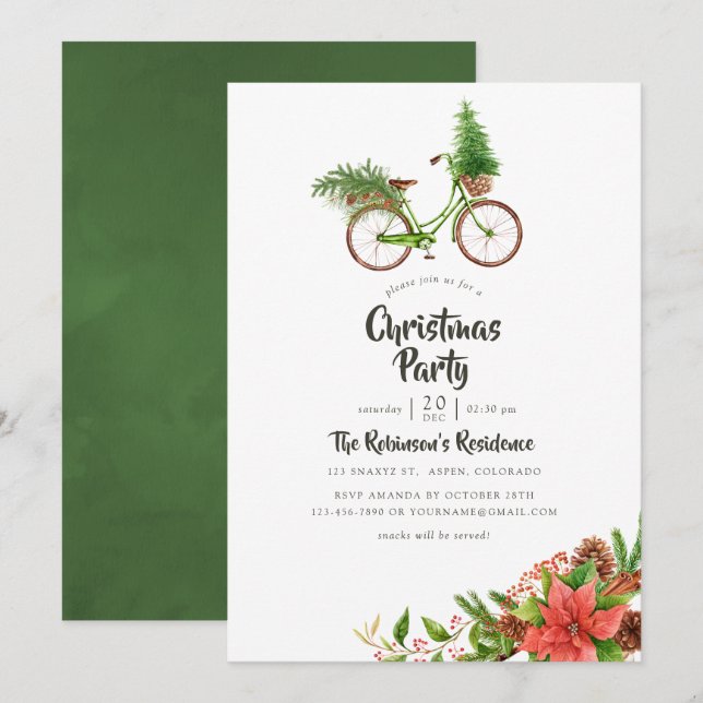 Watercolor Floral Bicycle Christmas Party Invitation (Front/Back)