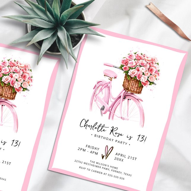Watercolor Floral Bicycle Pink Birthday Party Invitation (Creator Uploaded)