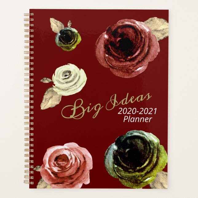 Watercolor Floral Big Ideas Gold & Burgundy 2021 Planner (Front)