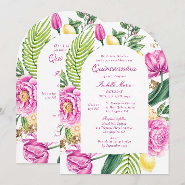 Watercolor Floral Bilingual Spanish Quinceañera Invitation (Front/Back)