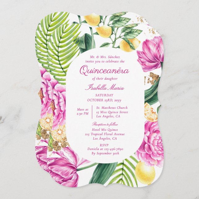 Watercolor Floral Bilingual Spanish Quinceañera Invitation (Front/Back)