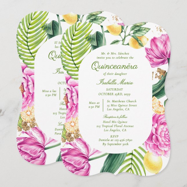 Watercolor Floral Bilingual Spanish Quinceañera Invitation (Front/Back)