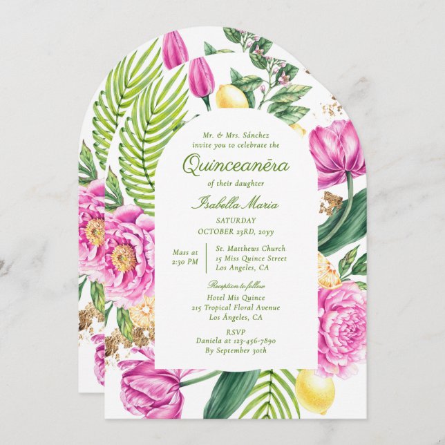 Watercolor Floral Bilingual Spanish Quinceañera Invitation (Front/Back)