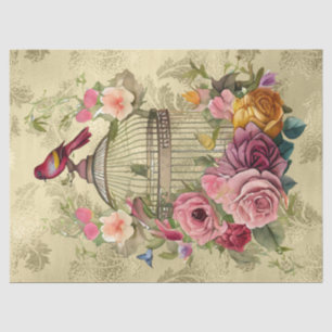 Watercolor Floral Bird Cage Gold Decoupage  Tissue Paper