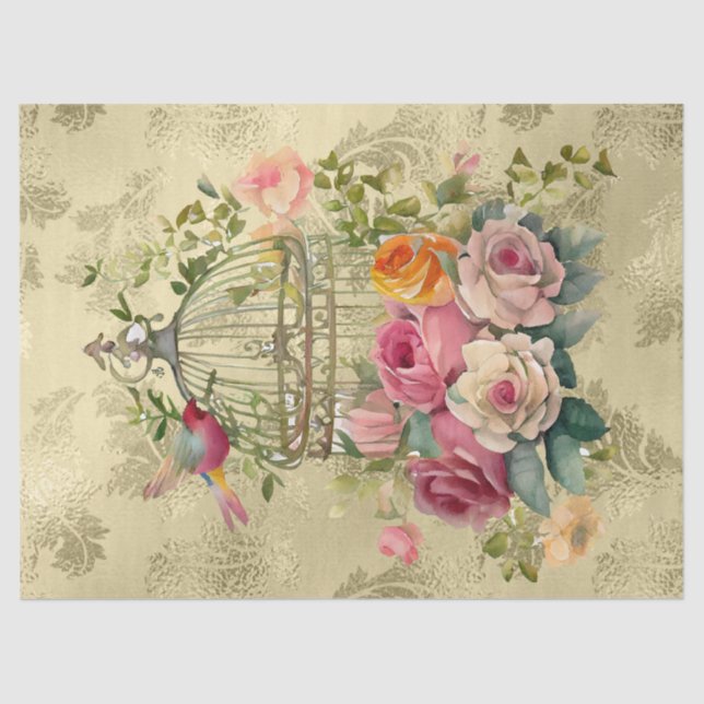 Watercolor Floral Bird Cage Gold Decoupage  Tissue Paper (Front)
