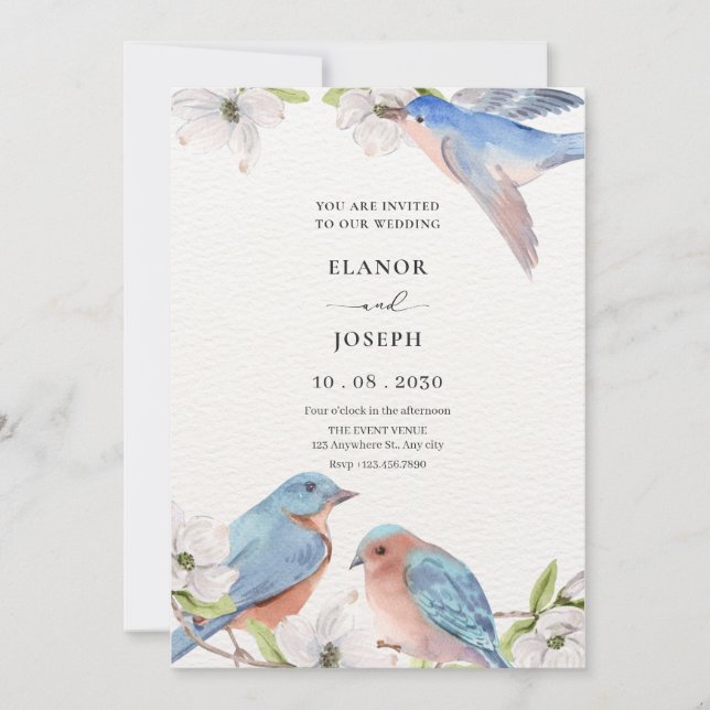 Watercolor floral bird wedding invitation (Front)