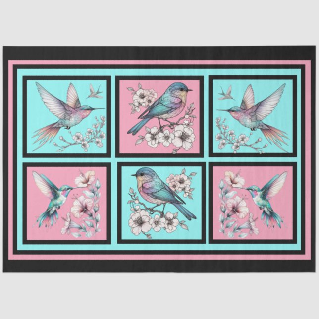 Watercolor Floral Birds on Tile Decoupage Tissue Paper (Front)