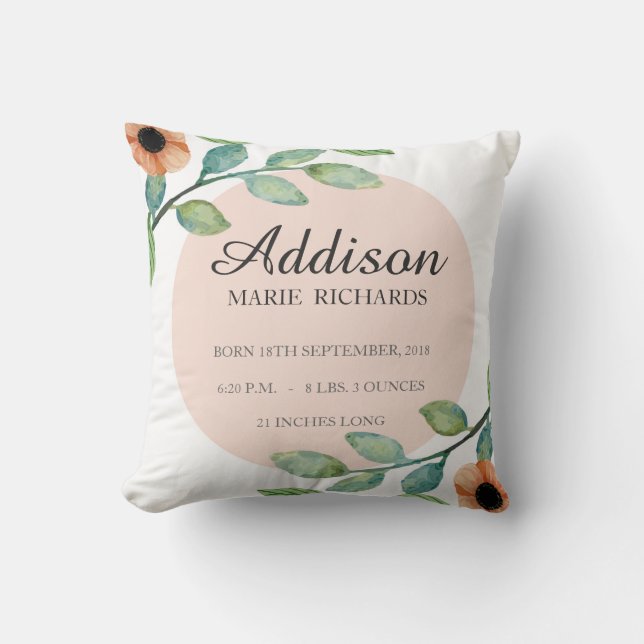 Watercolor Floral Birth Stats Announcement Pillow (Front)