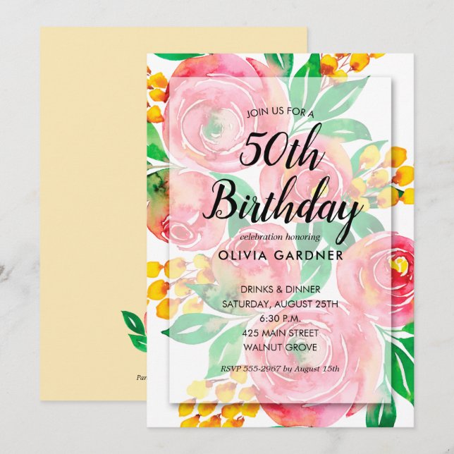 Watercolor Floral Birthday Invitations (Front/Back)