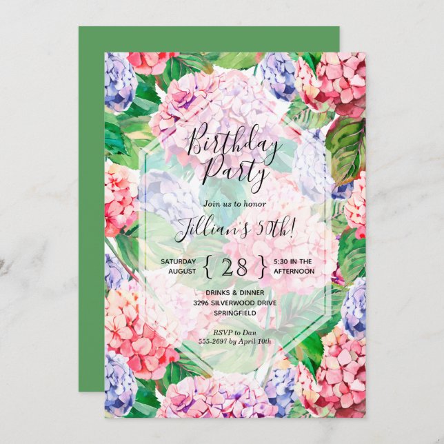 Watercolor Floral Birthday Party Invitations (Front/Back)