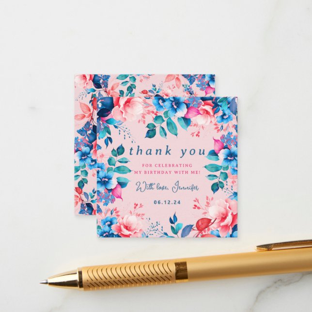 Watercolor Floral Birthday Thank You Insert Blush  (Front/Back In Situ)