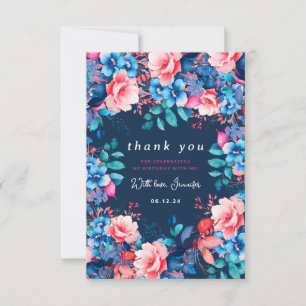 Watercolor Floral Birthday Thank You Table Navy Card