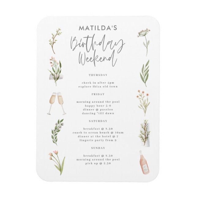 Watercolor floral birthday weekend itinerary magnet (Vertical)