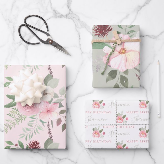 Watercolor Floral Birthday Wrapping Paper Sheets  (Front)