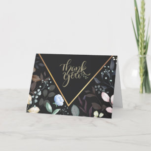 Watercolor Floral Black and Gold Thank You Card
