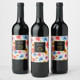 Watercolor floral black gold add logo professional wine label