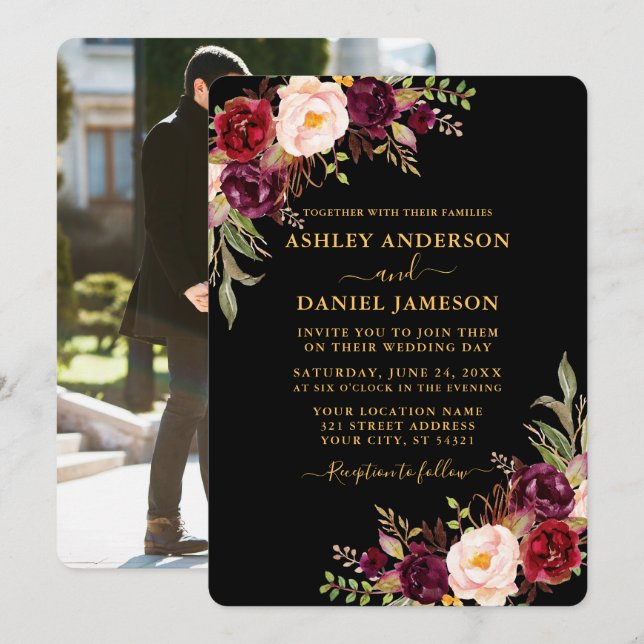 Watercolor Floral Black Gold Photo Wedding  Invitation (Front/Back)