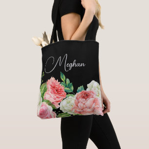 Watercolor Floral Black Personalised Bridesmaid  Tote Bag
