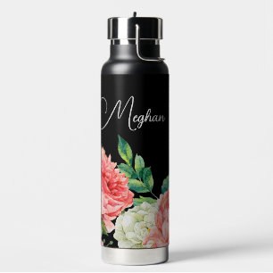 Watercolor Floral Black Personalised Bridesmaid Water Bottle