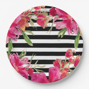Watercolor Floral Black Stripes   Paper Plate