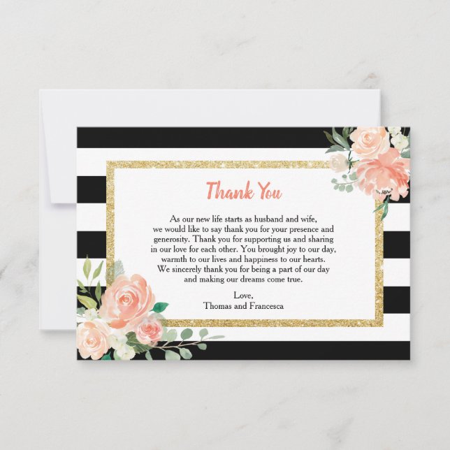 Watercolor Floral Black Stripes Wedding Thank You (Front)