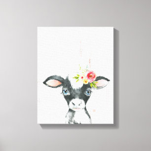 Watercolor Floral Black & White Cow Art Canvas Print