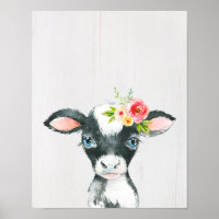 Watercolor Floral Black & White Cow Art