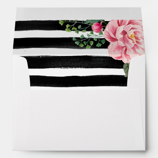 Watercolor Floral Black White Stripes 5x7 Wedding Envelope (Back (Bottom))