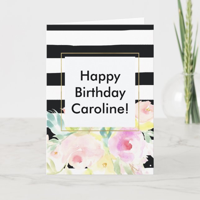 Watercolor Floral Black White Stripes Card (Front)