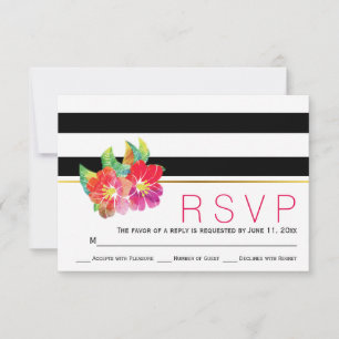 Watercolor floral black white stripes wedding RSVP