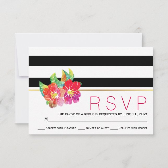 Watercolor floral black white stripes wedding RSVP (Front)