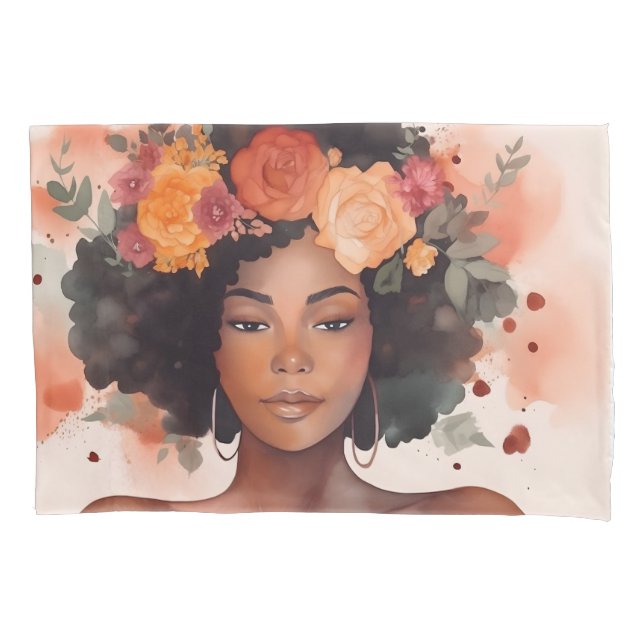 Watercolor Floral Black Woman Pillow Case (Front)
